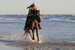 Frau reitet mit Pferd am Strand im Wasser