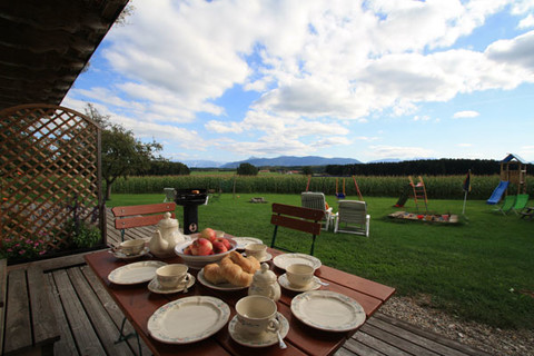 Gemütliches Frühstück auf der Terrasse - Ferienhof Eglsee